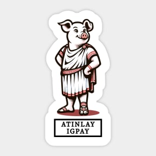 Latin Pig in Toga Cartoon T-Shirt, Funny Pig Latin Phrase Tee, Novelty Graphic Shirt, for Pig and Pig Latin Enthusiasts Sticker
